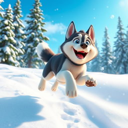 A vibrant, animated image of an energetic Siberian Husky dog, with striking blue eyes and a fluffy coat