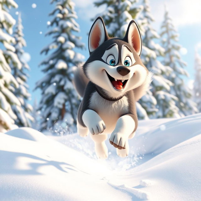 A vibrant, animated image of an energetic Siberian Husky dog, with striking blue eyes and a fluffy coat