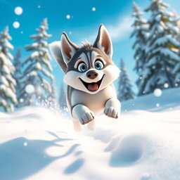 A vibrant, animated image of an energetic Siberian Husky dog, with striking blue eyes and a fluffy coat