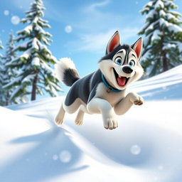 A vibrant, animated image of an energetic Siberian Husky dog, with striking blue eyes and a fluffy coat