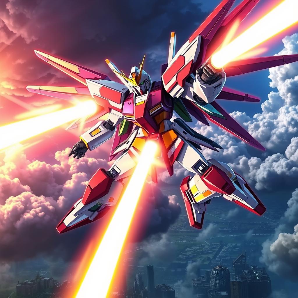 An epic scene showcasing the Mighty Strike Freedom Gundam in an intense battle pose