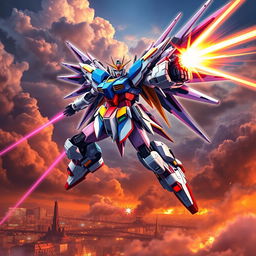 An epic scene showcasing the Mighty Strike Freedom Gundam in an intense battle pose