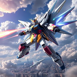 An epic scene showcasing the Mighty Strike Freedom Gundam in an intense battle pose