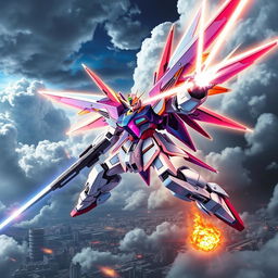 An epic scene showcasing the Mighty Strike Freedom Gundam in an intense battle pose