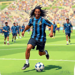 A lively illustration of Ronaldinho wearing the classic Grêmio football club shirt from the 1990s