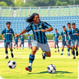 A lively illustration of Ronaldinho wearing the classic Grêmio football club shirt from the 1990s
