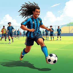 A lively illustration of Ronaldinho wearing the classic Grêmio football club shirt from the 1990s
