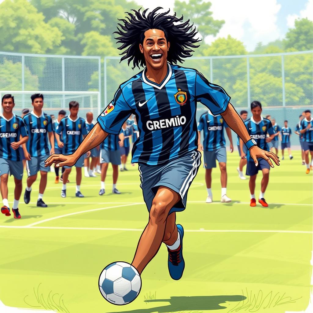 A lively illustration of Ronaldinho wearing the classic Grêmio football club shirt from the 1990s