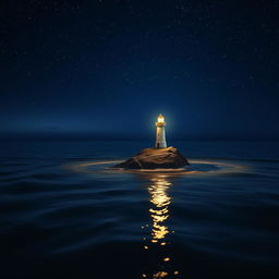 A small, charming lighthouse stands tall on a tiny rock in the midst of a tranquil sea at night