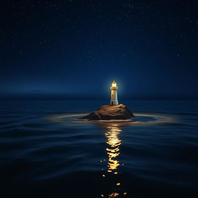 A small, charming lighthouse stands tall on a tiny rock in the midst of a tranquil sea at night