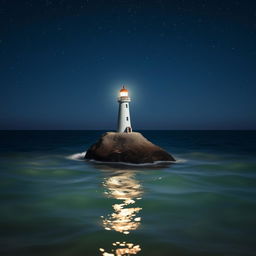 A small, charming lighthouse stands tall on a tiny rock in the midst of a tranquil sea at night