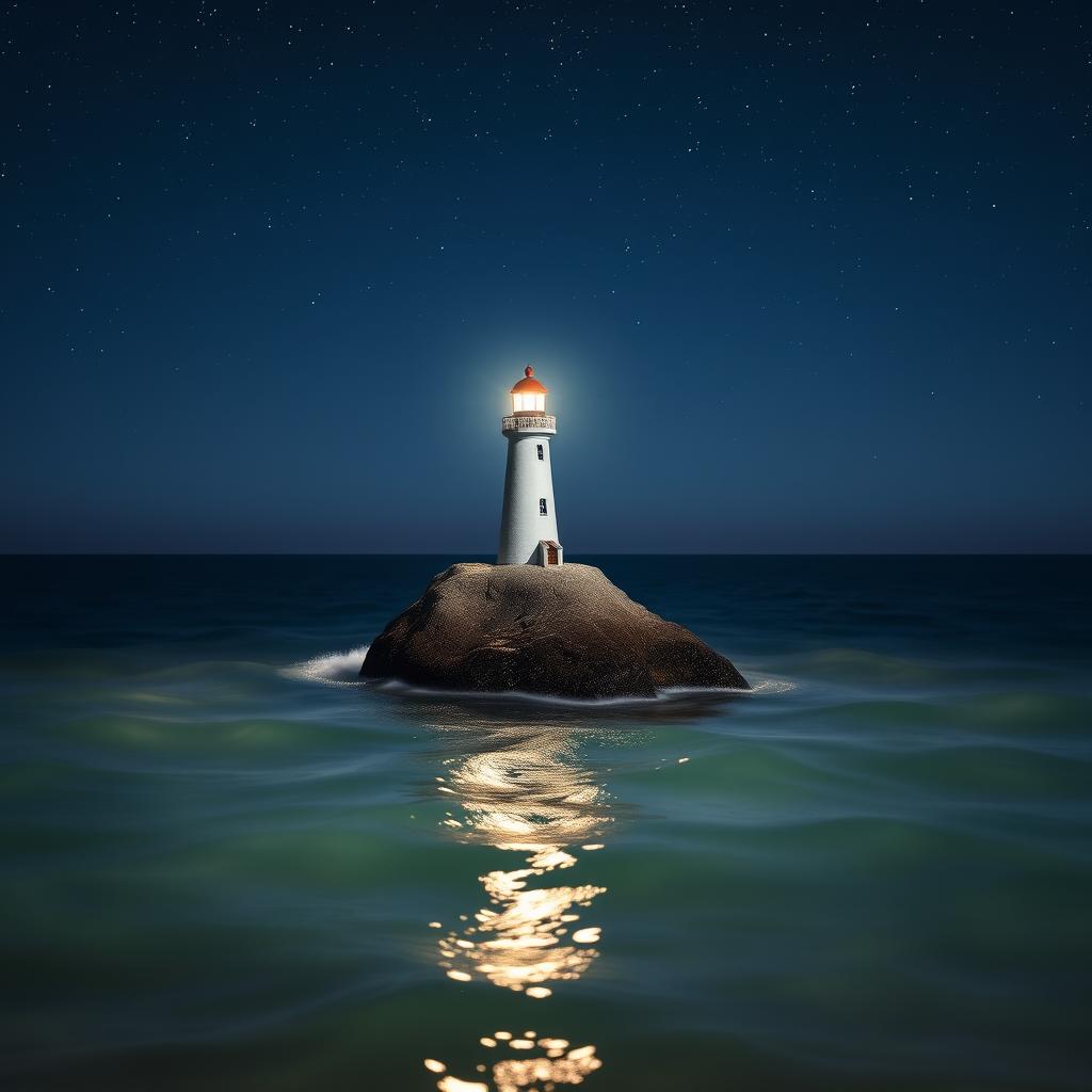 A small, charming lighthouse stands tall on a tiny rock in the midst of a tranquil sea at night