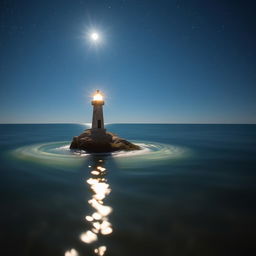 A small, charming lighthouse stands tall on a tiny rock in the midst of a tranquil sea at night