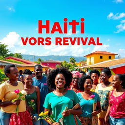 A vibrant and hopeful scene depicting the essence of Haiti's revival, showcasing a diverse group of people engaged in rebuilding their community