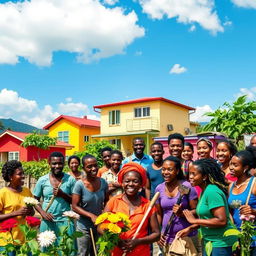 A vibrant and hopeful scene depicting the essence of Haiti's revival, showcasing a diverse group of people engaged in rebuilding their community