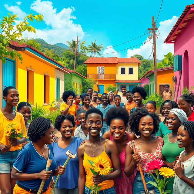 A vibrant and hopeful scene depicting the essence of Haiti's revival, showcasing a diverse group of people engaged in rebuilding their community