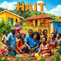 A vibrant and hopeful scene depicting the essence of Haiti's revival, showcasing a diverse group of people engaged in rebuilding their community