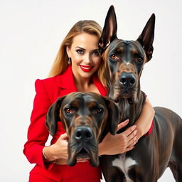 A beautiful 30-year-old woman dressed in a striking red outfit stands front-facing, looking directly at the camera with a provocative expression