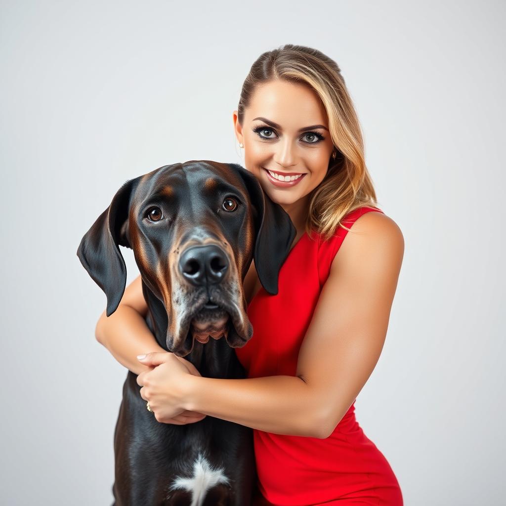 A beautiful 30-year-old woman dressed in a striking red outfit stands front-facing, looking directly at the camera with a provocative expression