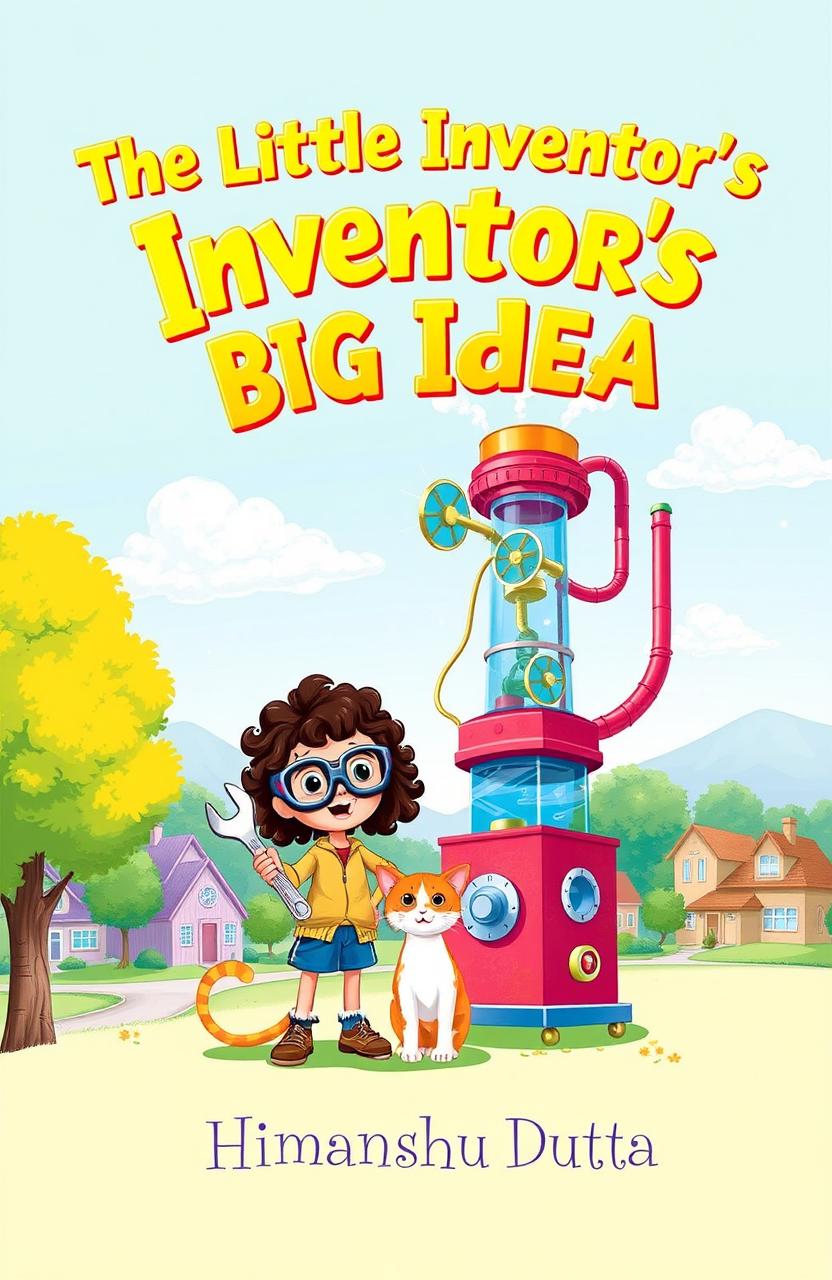 A vibrant and playful cover design for a children’s book titled *The Little Inventor’s Big Idea*