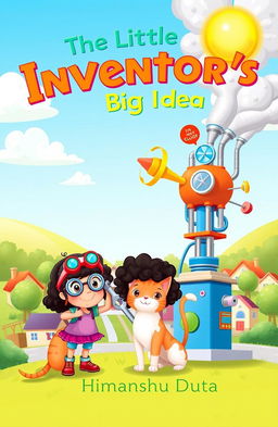 A vibrant and playful cover design for a children’s book titled *The Little Inventor’s Big Idea*
