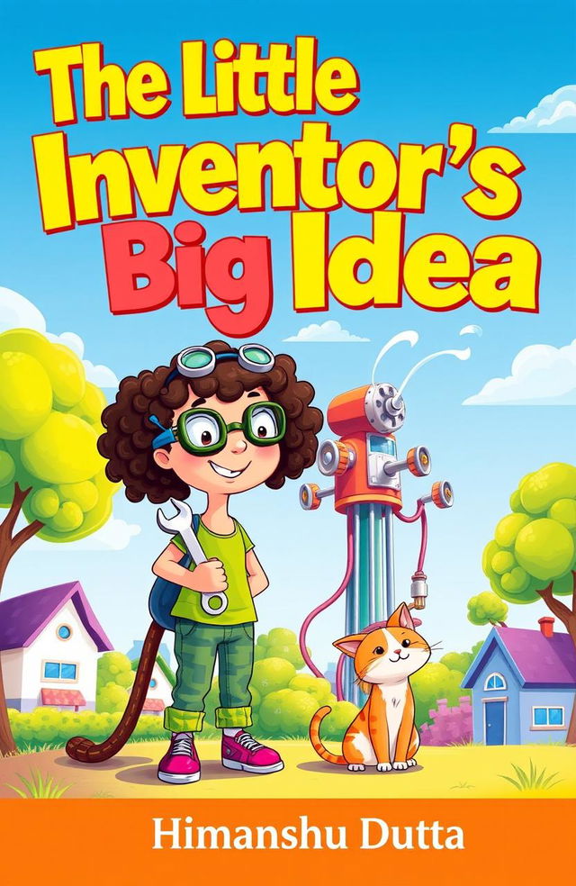 A vibrant and playful cover design for a children’s book titled *The Little Inventor’s Big Idea*