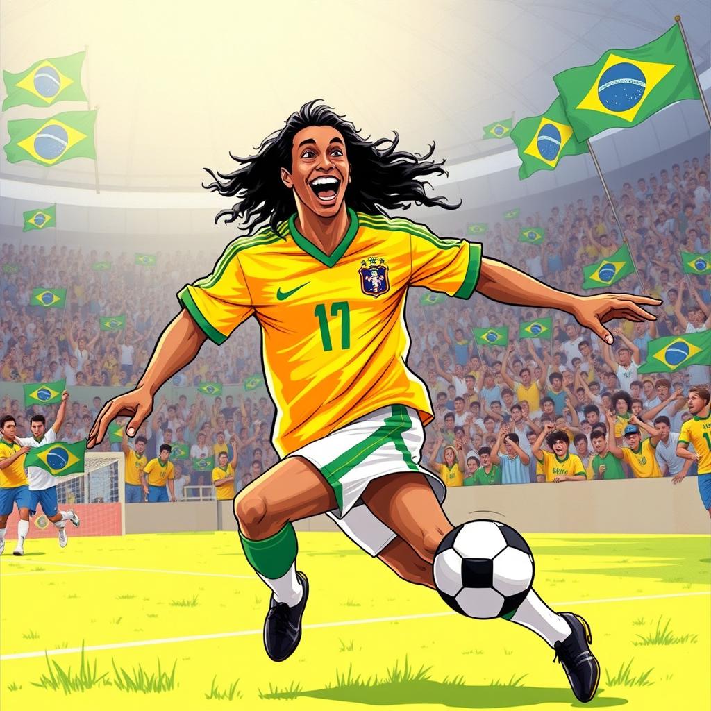 An energetic illustration of Ronaldinho wearing the iconic Brazil national football team shirt from the 1990s, captured in a dynamic action pose as he skillfully dribbles past an opponent during a friendly match