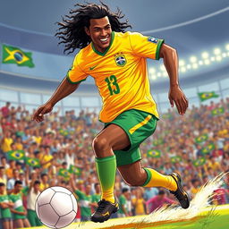 An energetic illustration of Ronaldinho wearing the iconic Brazil national football team shirt from the 1990s, captured in a dynamic action pose as he skillfully dribbles past an opponent during a friendly match