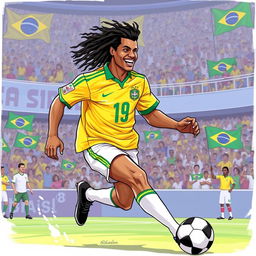 An energetic illustration of Ronaldinho wearing the iconic Brazil national football team shirt from the 1990s, captured in a dynamic action pose as he skillfully dribbles past an opponent during a friendly match