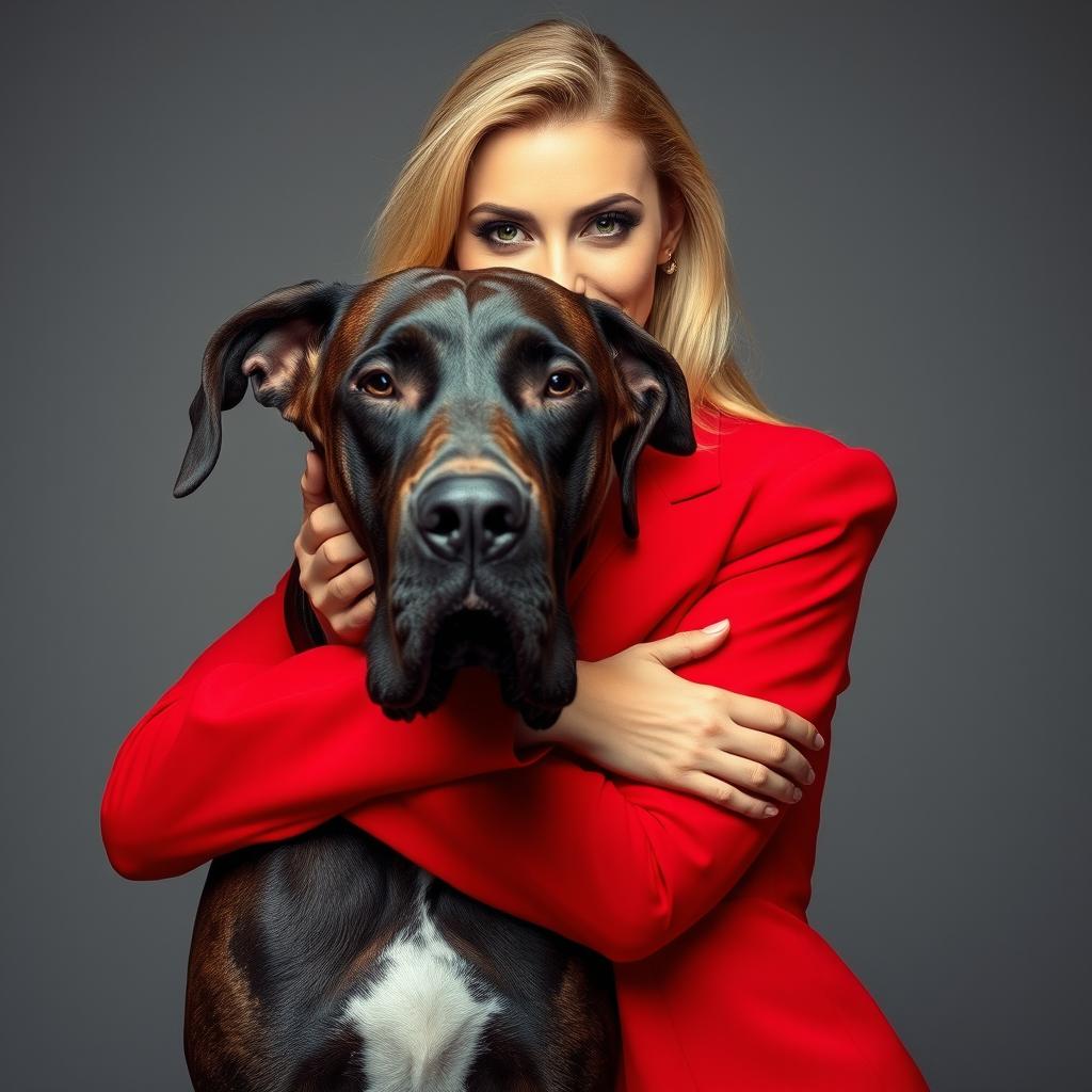 A beautiful 30-year-old woman dressed in a stunning red outfit stands directly in front of the camera, her captivating face showing a provocative expression