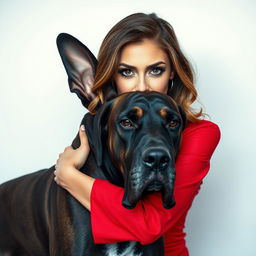 A beautiful 30-year-old woman dressed in a stunning red outfit stands directly in front of the camera, her captivating face showing a provocative expression