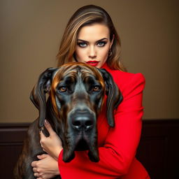 A beautiful 30-year-old woman dressed in a stunning red outfit stands directly in front of the camera, her captivating face showing a provocative expression