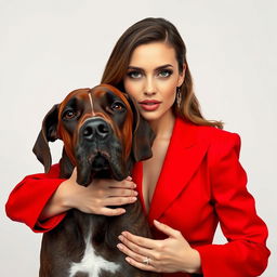 A beautiful 30-year-old woman dressed in a stunning red outfit stands directly in front of the camera, her captivating face showing a provocative expression