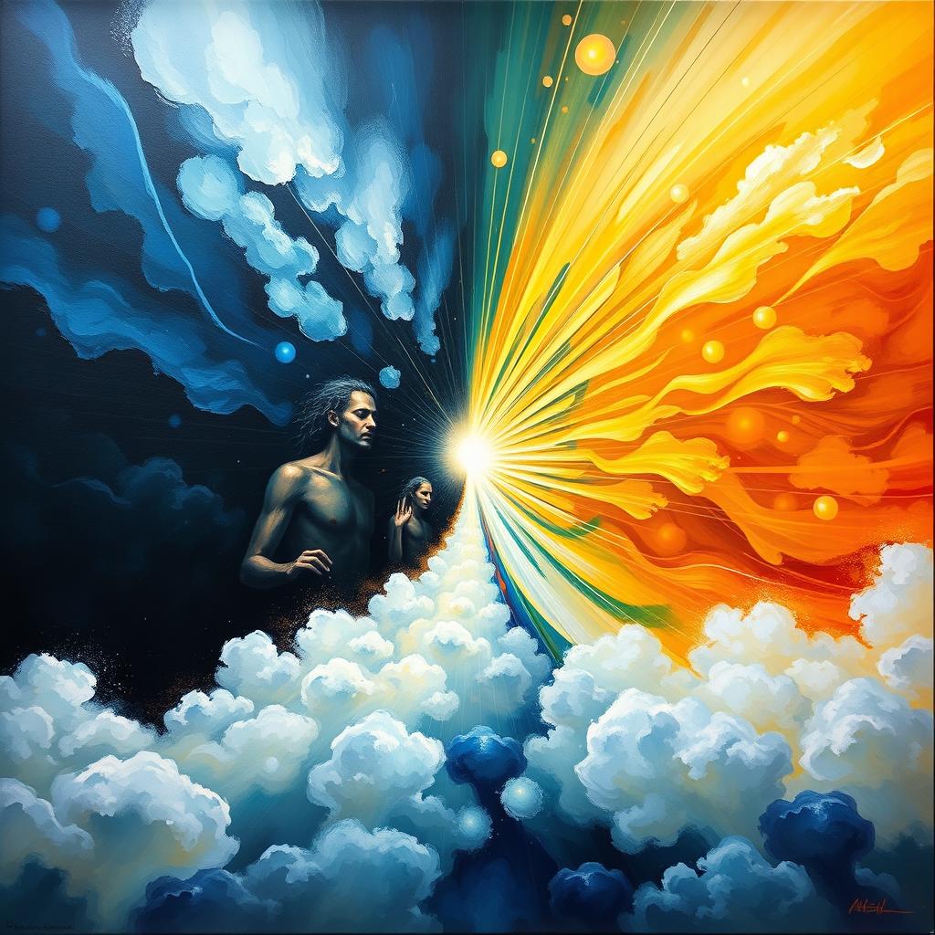 A metaphorical representation of a journey from darkness to wisdom, featuring a split canvas: on one side, deep, dark blues and blacks symbolize the darkness of the soul, filled with shadowy figures and abstract shapes that evoke feelings of despair and confusion