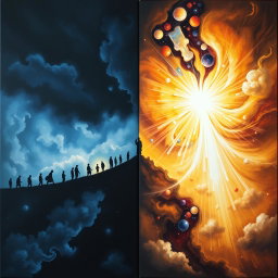 A metaphorical representation of a journey from darkness to wisdom, featuring a split canvas: on one side, deep, dark blues and blacks symbolize the darkness of the soul, filled with shadowy figures and abstract shapes that evoke feelings of despair and confusion