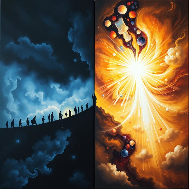 A metaphorical representation of a journey from darkness to wisdom, featuring a split canvas: on one side, deep, dark blues and blacks symbolize the darkness of the soul, filled with shadowy figures and abstract shapes that evoke feelings of despair and confusion