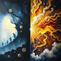 A metaphorical representation of a journey from darkness to wisdom, featuring a split canvas: on one side, deep, dark blues and blacks symbolize the darkness of the soul, filled with shadowy figures and abstract shapes that evoke feelings of despair and confusion