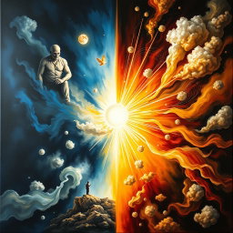 A metaphorical representation of a journey from darkness to wisdom, featuring a split canvas: on one side, deep, dark blues and blacks symbolize the darkness of the soul, filled with shadowy figures and abstract shapes that evoke feelings of despair and confusion