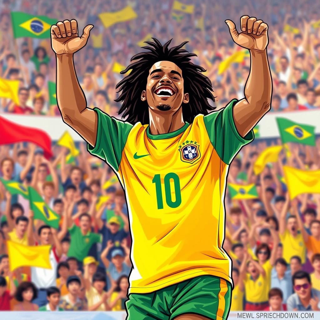 A vibrant illustration of Ronaldinho wearing the Brazil national football team shirt from the 1990s, captured in a joyous moment celebrating a goal