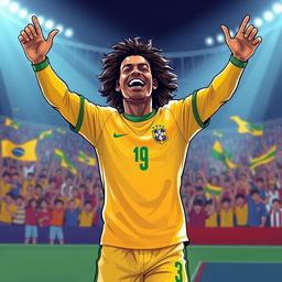 A vibrant illustration of Ronaldinho wearing the Brazil national football team shirt from the 1990s, captured in a joyous moment celebrating a goal
