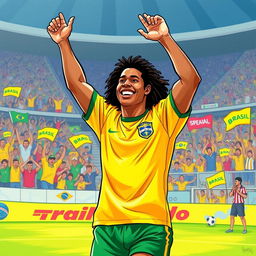 A vibrant illustration of Ronaldinho wearing the Brazil national football team shirt from the 1990s, captured in a joyous moment celebrating a goal
