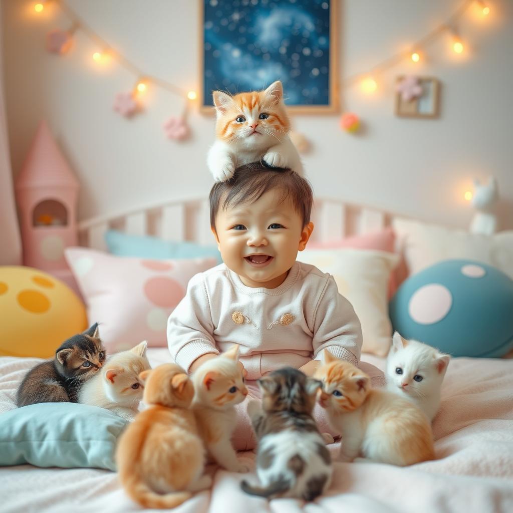 A cute Korean baby sitting on a soft bed surrounded by colorful pillows and plush toys in an adorable pastel-themed room