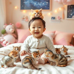 A cute Korean baby sitting on a soft bed surrounded by colorful pillows and plush toys in an adorable pastel-themed room