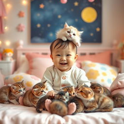 A cute Korean baby sitting on a soft bed surrounded by colorful pillows and plush toys in an adorable pastel-themed room