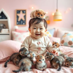 A cute Korean baby sitting on a soft bed surrounded by colorful pillows and plush toys in an adorable pastel-themed room