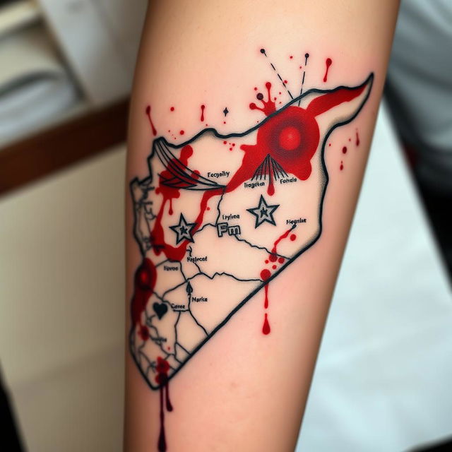 A detailed and intricate tattoo design featuring a map of Syria, artistically designed with splashes of blood red color to represent the struggles and resilience of the nation