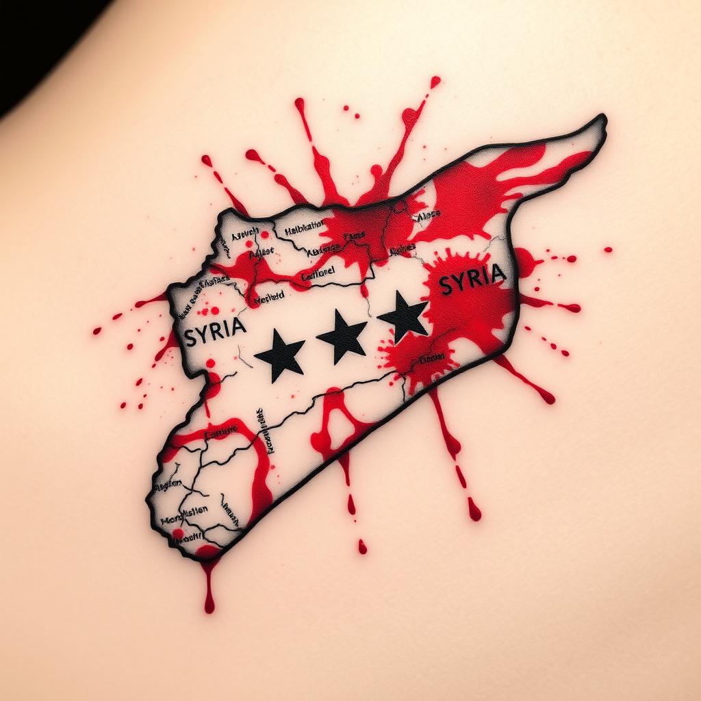 A detailed and intricate tattoo design featuring a map of Syria, artistically designed with splashes of blood red color to represent the struggles and resilience of the nation