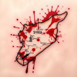 A detailed and intricate tattoo design featuring a map of Syria, artistically designed with splashes of blood red color to represent the struggles and resilience of the nation