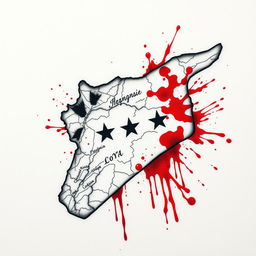 A detailed and intricate tattoo design featuring a map of Syria, artistically designed with splashes of blood red color to represent the struggles and resilience of the nation