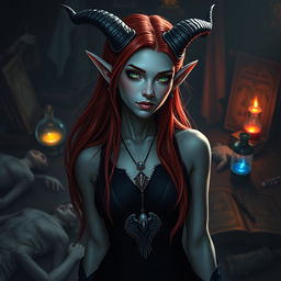 A tall and slender Tiefling woman with fiery red hair flowing down her back and slightly bluish pale skin